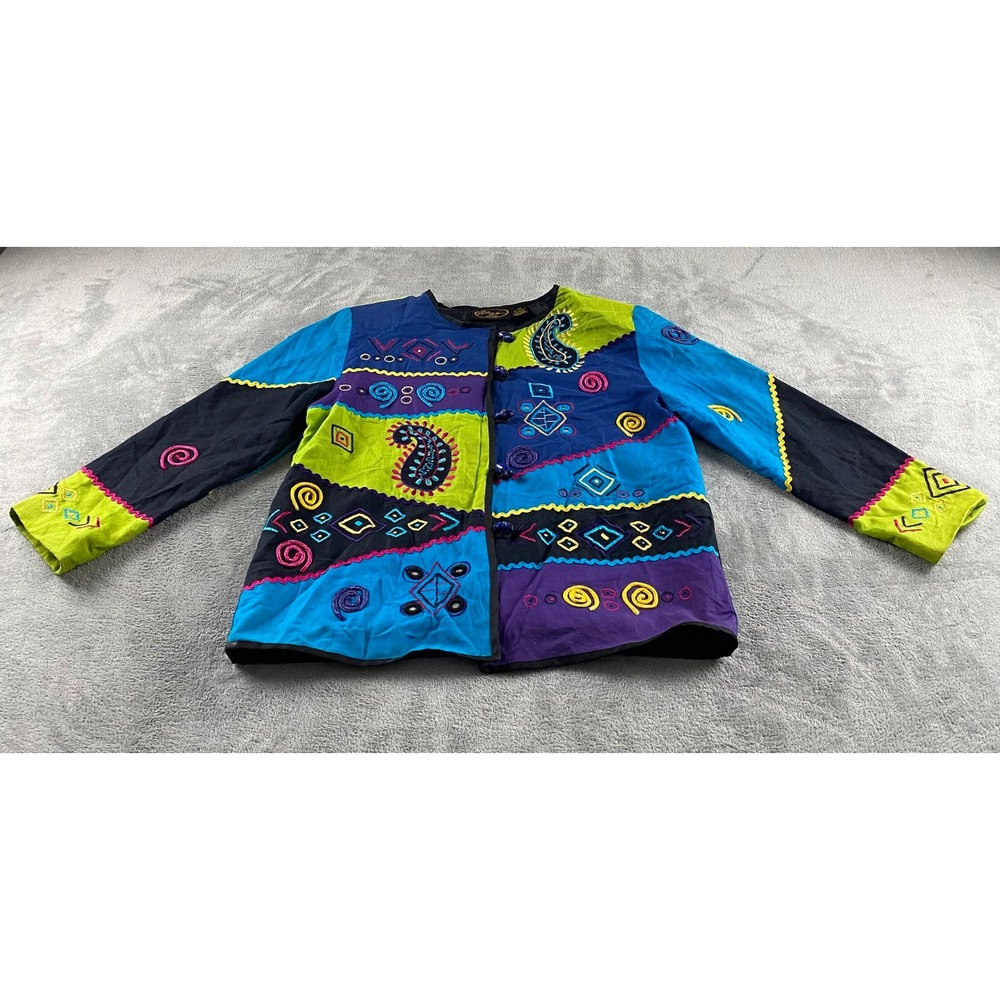 Alex Kin by Allure Womens Patchwork Embroidered Art to Wear Jacket Blue‎ Lime M